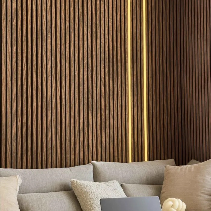 brown paneling in front of couch