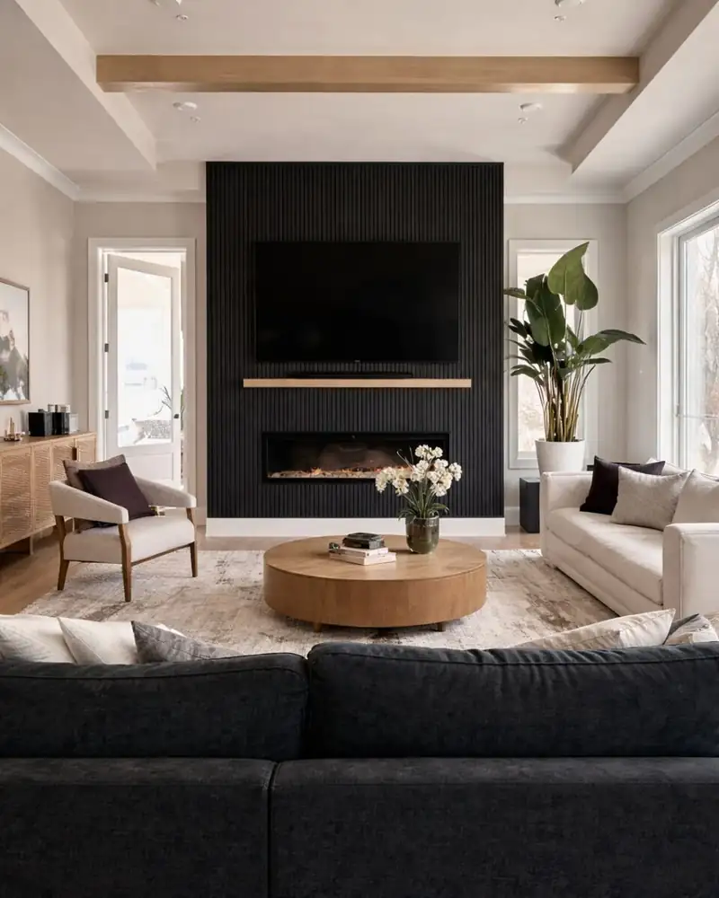 Modern living room featuring Slat Wood Panels
